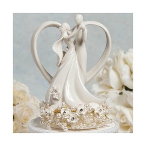 Vintage Rose Pearl and Heart Modern Minimalist Maximalist Bride and Groom Wedding Cake Topper