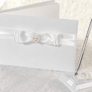 Rhinestone Pearlized Heart Rose Bouquet Wedding Guestbook and Pen Set