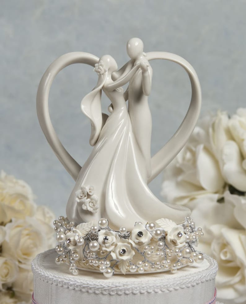 Vintage Inspired Rose Pearl and Heart Wedding Cake Topper  image 1