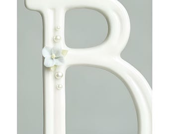 Light Blue Hydrangea and Pearl Accented Porcelain Monogram Cake Topper - Cottagecore - Bridgerton