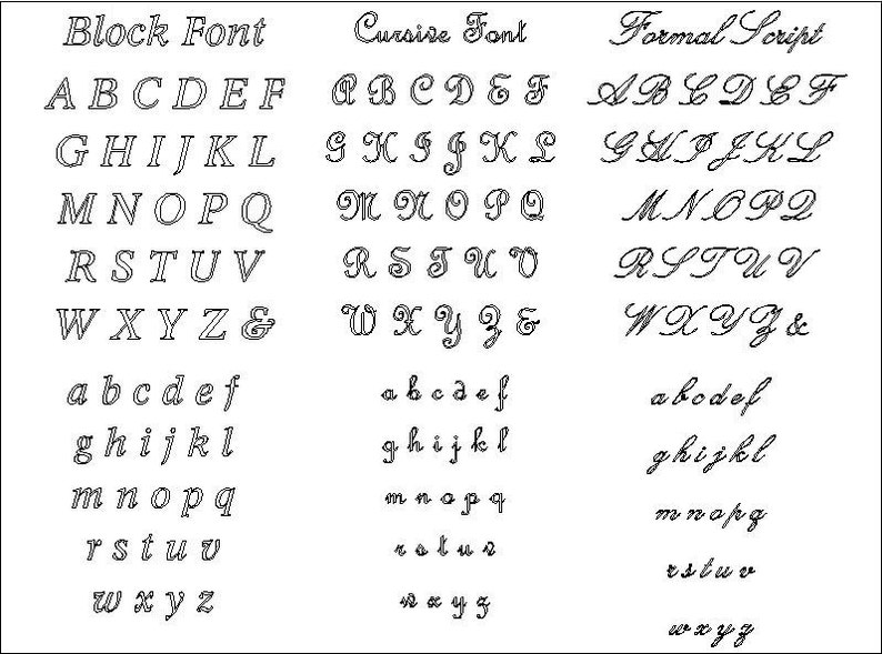 May include: A chart comparing three different font styles: block, cursive, and formal script. The alphabet is displayed in uppercase and lowercase letters for each font style.