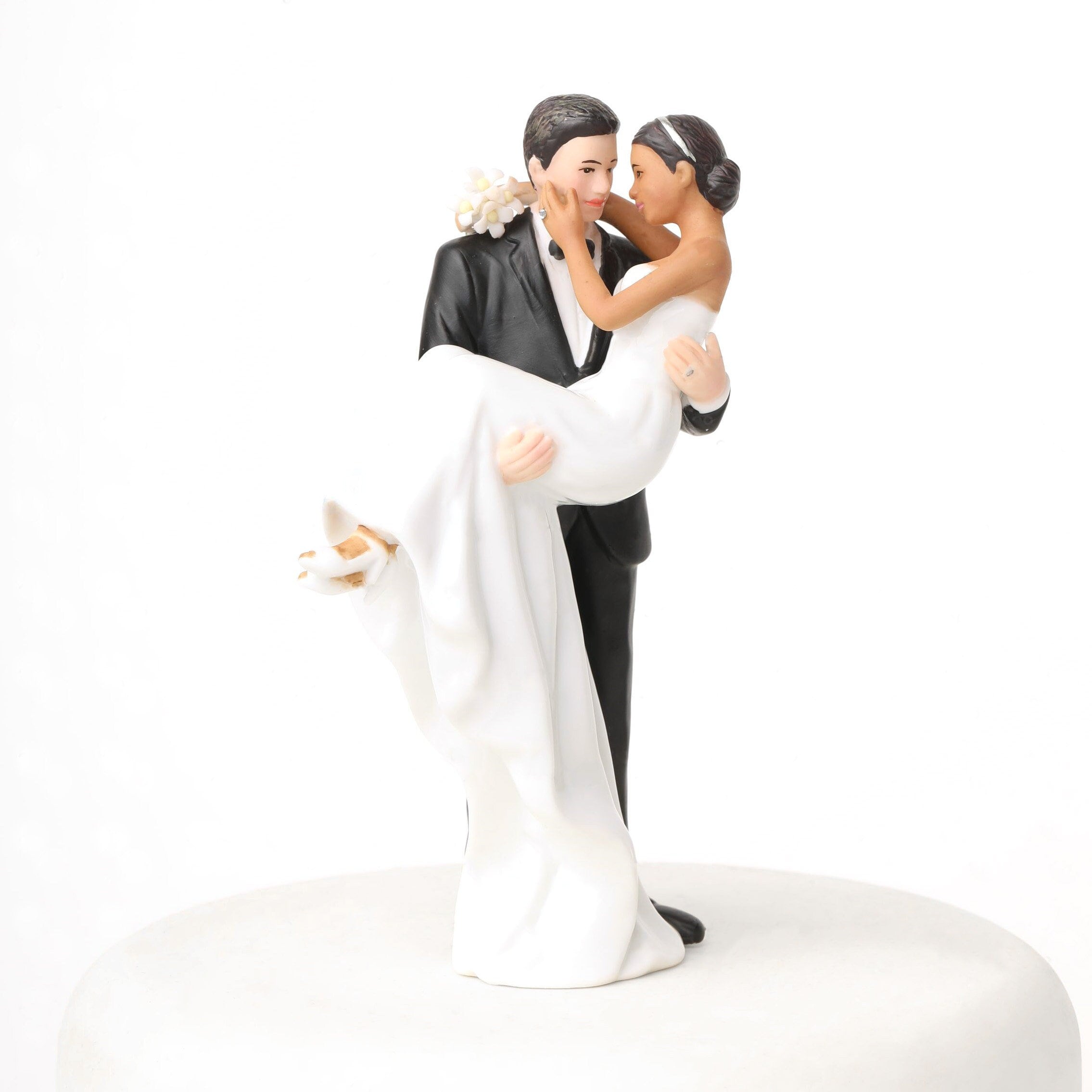 Caucasian Groom Holding African American Bride Interracial Wedding Cake Topper Figurine - Custom Painted Hair Color Available