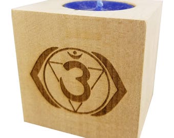 Chakra 6 Ajna - Third Eye Chakra Candle (Indigo) - Engraved Wood Tea Light  (2.5”) - Yoga Meditation Candle - Yoga Candle