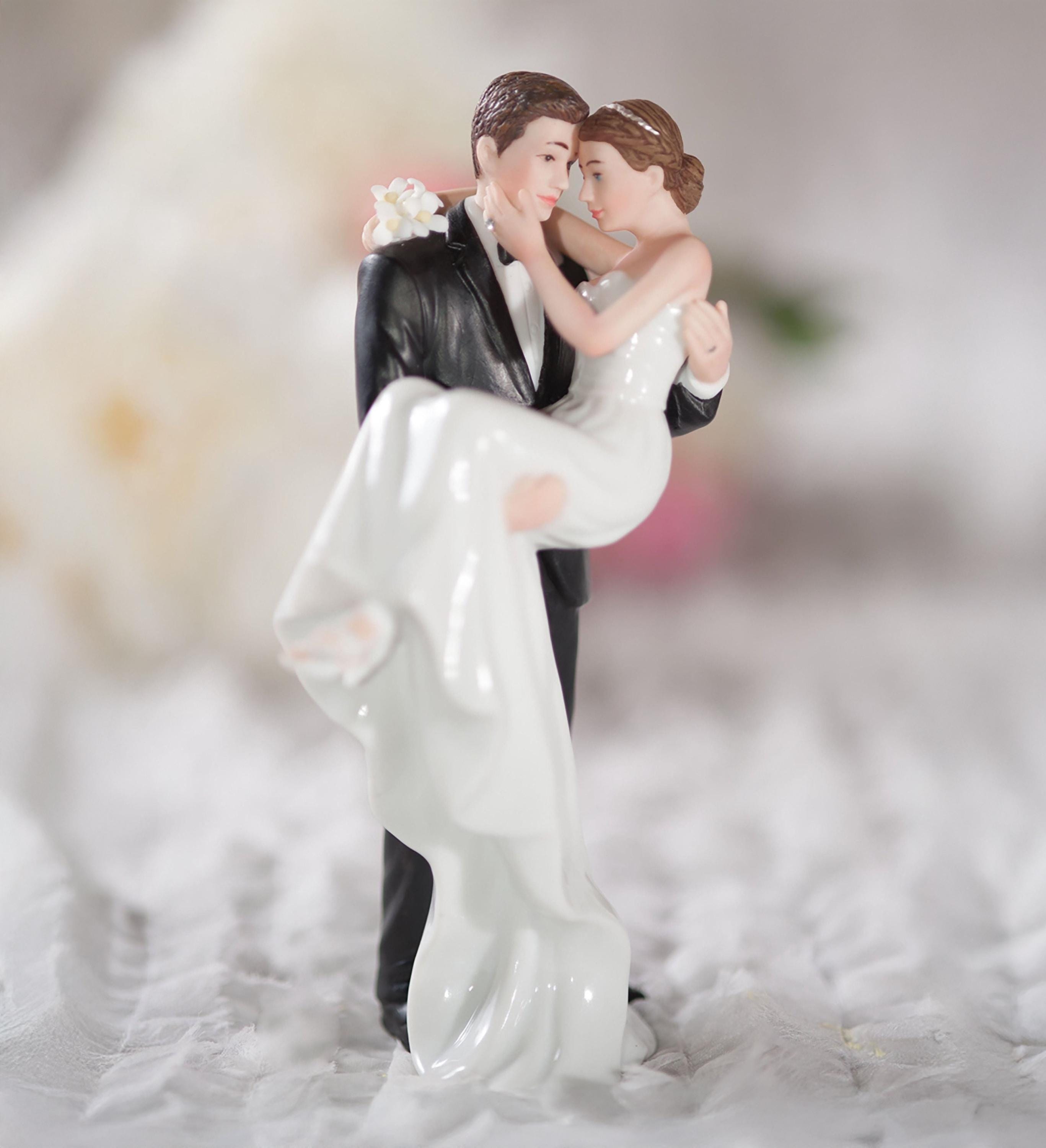 Groom Holding Bride Traditional Wedding Cake Topper Figurine - Custom Painted Hair Color Available