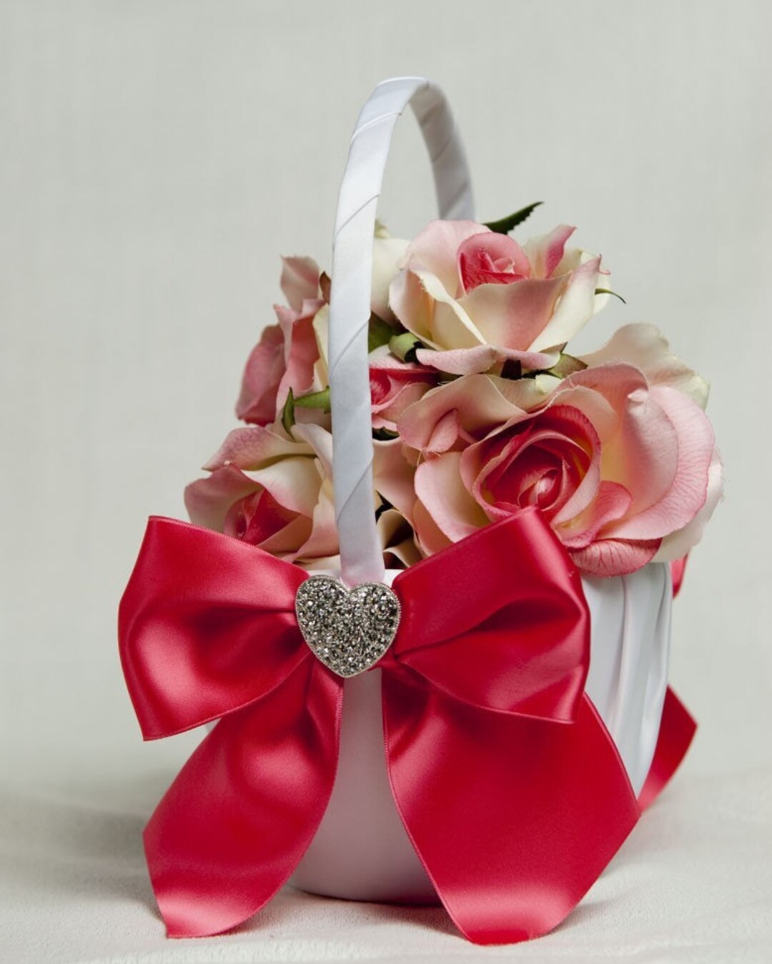Crystal Heart Ribbon Flower Girl Basket With Custom Colors Etsy