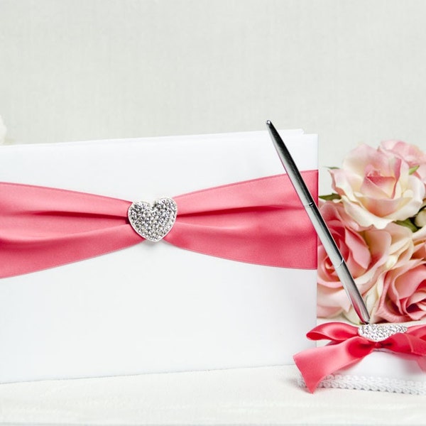 Crystal Heart Ribbon Wedding Guestbook and Pen Set with Custom Colors