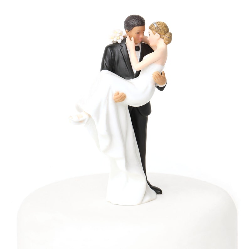 African American Groom Holding Caucasian Bride Interracial Wedding Cake Topper Figurine Custom Painted Hair Color Available image 1