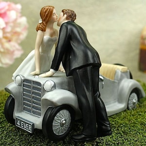 I&#39;ll Love U 4 EVER Bride and Groom Car Wedding Cake Topper Figurine  - Custom Painted Hair Color Available