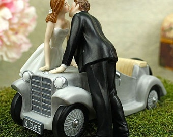 I'll Love U 4 EVER Bride and Groom Car Wedding Cake Topper Figurine  - Custom Painted Hair Color Available