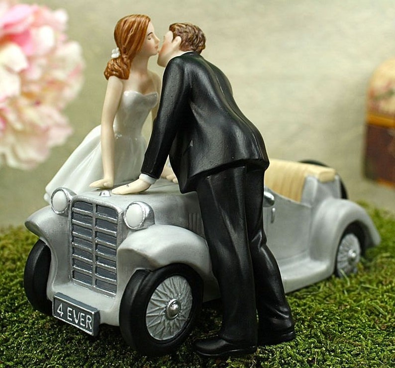 I'll Love U 4 EVER Bride and Groom Car Wedding Cake Topper Figurine Custom Painted Hair Color Available image 1