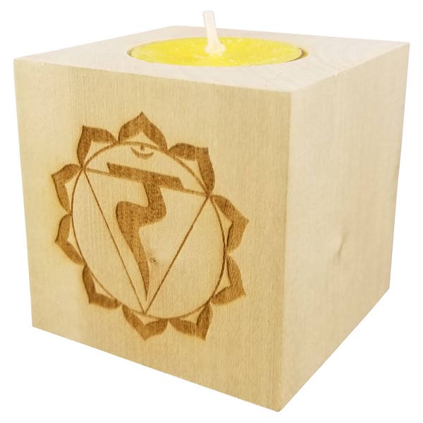 Chakra 3 Manipura - Solar Plexus Chakra Candle (Yellow) - Engraved Wood Tea Light  (2.5”) - Yoga Meditation Candle - Yoga Candle