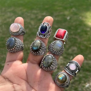 buy 5 get 2 free Assorted Gemstone Rings – Handmade Natural Crystal Jewelry Statement Rings Adjustable Stacking Ring Set for Women