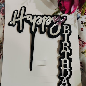 Pack of 5 Black & White Happy Birthday Cake Topper – Bold Acrylic Cake Decoration for Parties – Reusable Modern Birthday Party Decor