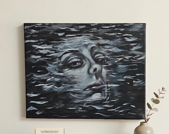 Retrato original de ambiente melancólico pintado en acrílico – Arte en agua oscura (24 x 30 cm)