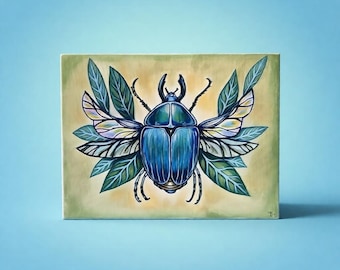 Pintura acrílica original de escarabajo azul – Arte mural botánico de insectos