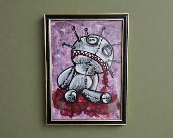 Pintura original de muñeco vudú: arte de terror gótico