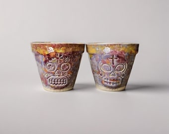 Mini macetas de calavera de azúcar - Juego de 2 macetas de cerámica para suculentas del Día de los Muertos