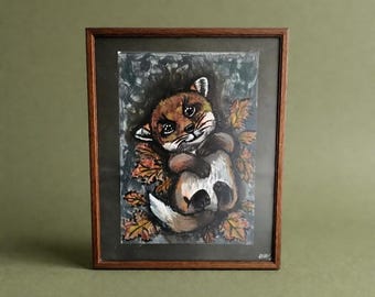 Cuadro original de zorro en marco vintage: arte del bosque pintado a mano