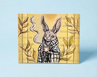 Ritual matutino: pintura acrílica original de murciélago gótico - Arte acogedor y caprichoso