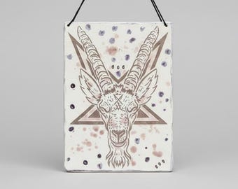 バフォメットの印章セラミックタイル – 儀式的な存在感を放つオカルト壁画、27×20cm