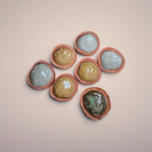 Könnte beinhalten: Sieben Keramikstücke mit einem einzigartigen Design. Jedes Stück hat einen braunen, organisch geformten Rand mit einem glatten, farbigen Inneren. Die Farben umfassen Hellblau, Beige und ein dunkles Grün mit Blaustich. Die Stücke sind auf einem hellrosa Hintergrund angeordnet.