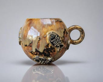Taza de té de cerámica Earthfire – Espina de pescado esmaltada en ámbar, Ø9,5×11 cm