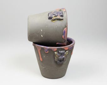 Mini macetas de cerámica con forma de mapache guardián – Dúo alado para dar vida, Ø6,5×5,5 cm