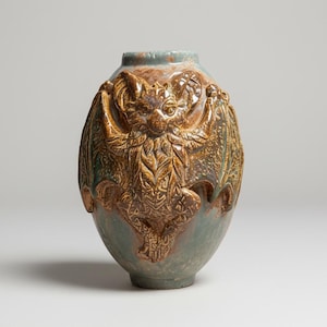 Pode incluir: Um vaso de cerâmica com corpo arredondado e abertura estreita, apresentando um relevo esculpido de um morcego na parte frontal. A superfície tem um esmalte manchado em tons de verde sálvia, castanho e ocre, realçando as asas texturizadas.