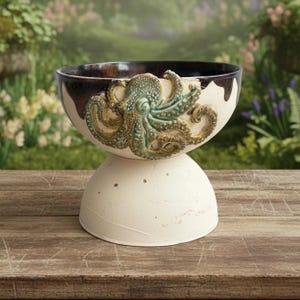 Könnte beinhalten: Eine Keramikschale mit einem Oktopus-Design. Die Schale hat einen weißen Sockel und einen dunkelbraunen Innenraum. Der Oktopus ist in Grün- und Goldtönen gehalten. Die Schale steht auf einer Holzoberfläche.