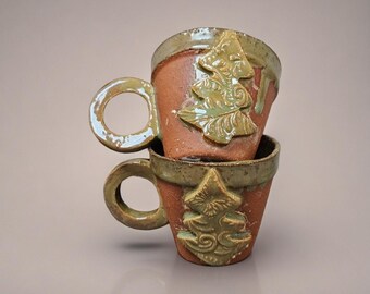 Christmas Tree Ceramic Coffee Cups – Set of 2 Festive Holiday Vessels, Ø8.5×7.5 cm