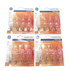 May include: Four packs of GE crystal clear 40W light bulbs. Each pack contains four flame-shaped bulbs. The packaging includes the text "1 Year Life".