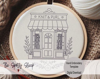 Molde para bordado à mão, loja de lã Knit and Purl, 4 tamanhos incluídos, download instantâneo, padrão de bordado, arquivo digital, desenho de bordado