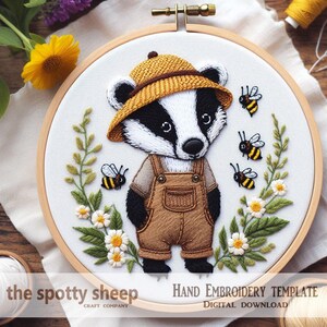 Billy Badger Hand Embroidery Template, PDF File, badger hand embroidery design, Instant download, 4 sizes
