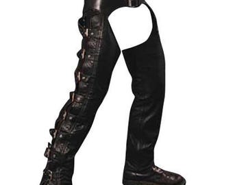 Men’s Leather Chaps in Black with Side Buckles - Custom Made to Order GJCH005