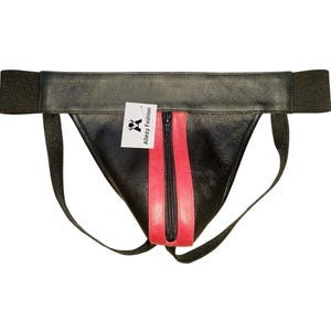 Men&#39;s Leather Jockstrap Jock Strap in Black with Red Strips - Custom Made To Order ALJOC-072 Gay Leather Jockstrap Fetish Jock Strap