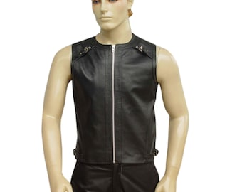 Handmade Black Leather Vest | Men's Classic Waistcoat, Custom Size
