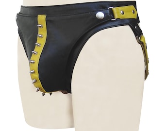 Tanga/Jock de cuero negro con amarillo y tachuelas metálicas, hecho a medida JO-059