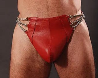 Perizoma da uomo in pelle rossa / G-Sting – Catena sul retro, intimo perizoma gay