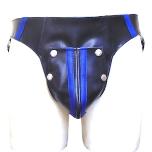 Mens Black Leather Jockstrap with Blue strap Gay Leather Jock Strap Genuine Leather Jockstrap with Detachable Pouch - Custom made to order