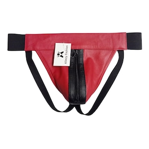 Men&#39;s Leather Jockstrap Jock Strap in Red with Black Strips - Custom Made To Order ALJOC-072 Gay Leather Jockstrap Fetish Jock Strap