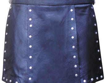 Men's Real Leather Gladiator Kilt With Stud Work Custom Made Order BKIN002 in Black