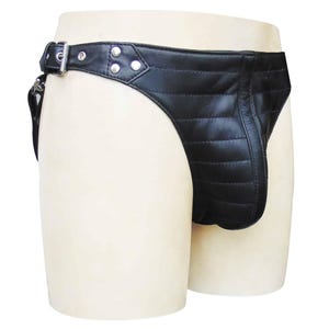 Men&#39;s Black Leather Jock strap Jockstrap with Quilted Pouch Custom made to Order JO-056