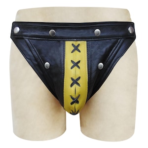 Black Leather Jockstrap Jock Straps with Yellow Pouch Stripe and Metal Studs – Made to Order (JO-063)