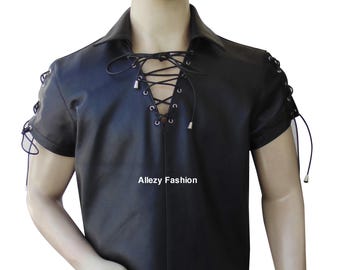 Men's Black Leather Short Sleeve Shirt - Custom Laced Renaissance Top