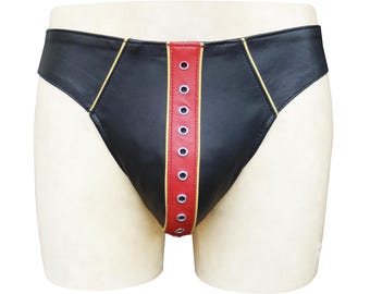 Men's Black Leather Jockstrap – Red Stripe & Eyelet, Custom Made