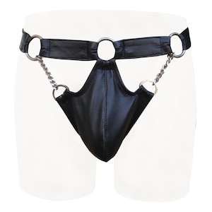 Men&#39;s Black Leather Chain Thong / G-string Custom Made to Order JO-105