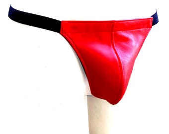 Men's Red Leather Thong in Elastic String Custom Made To Order JO-006