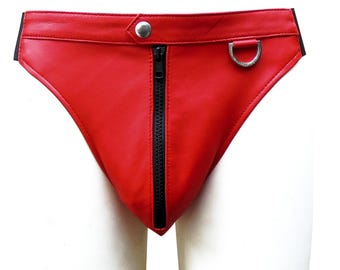 Mens Red Leather Briefs With Front Zipper - Custom Made To Order