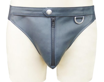Mens Grey Leather Briefs With Front Zipper - Custom Made To Order