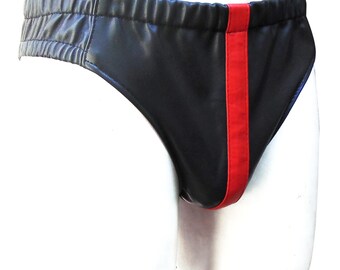 Men's Black Leather Brief/Underwear with colour strips Custom Made To Order JO-027